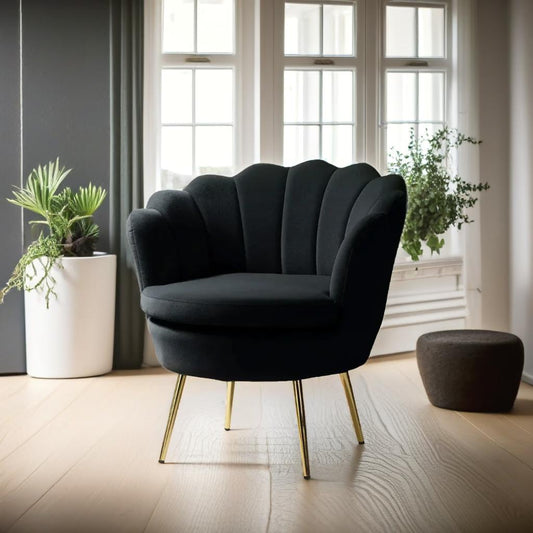 Shell Motif Luxury Design Black Velvet Lounge Chair