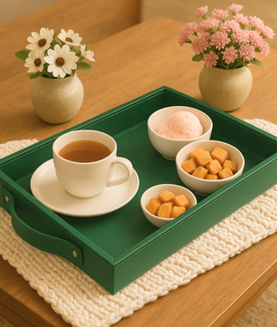 Vegan Leather Rectangular Serving Tray with Handles-Bottle Green