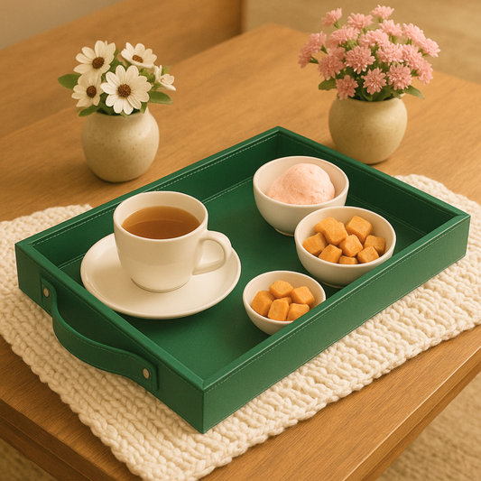 Vegan Leather Rectangular Serving Tray with Handles-Bottle Green