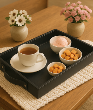 Vegan Leather Rectangular Serving Tray with Handles-Black
