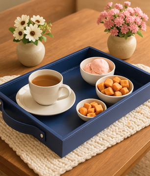 Vegan Leather Rectangular Serving Tray with Handles Blue