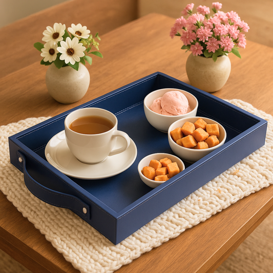 Vegan Leather Rectangular Serving Tray with Handles Blue