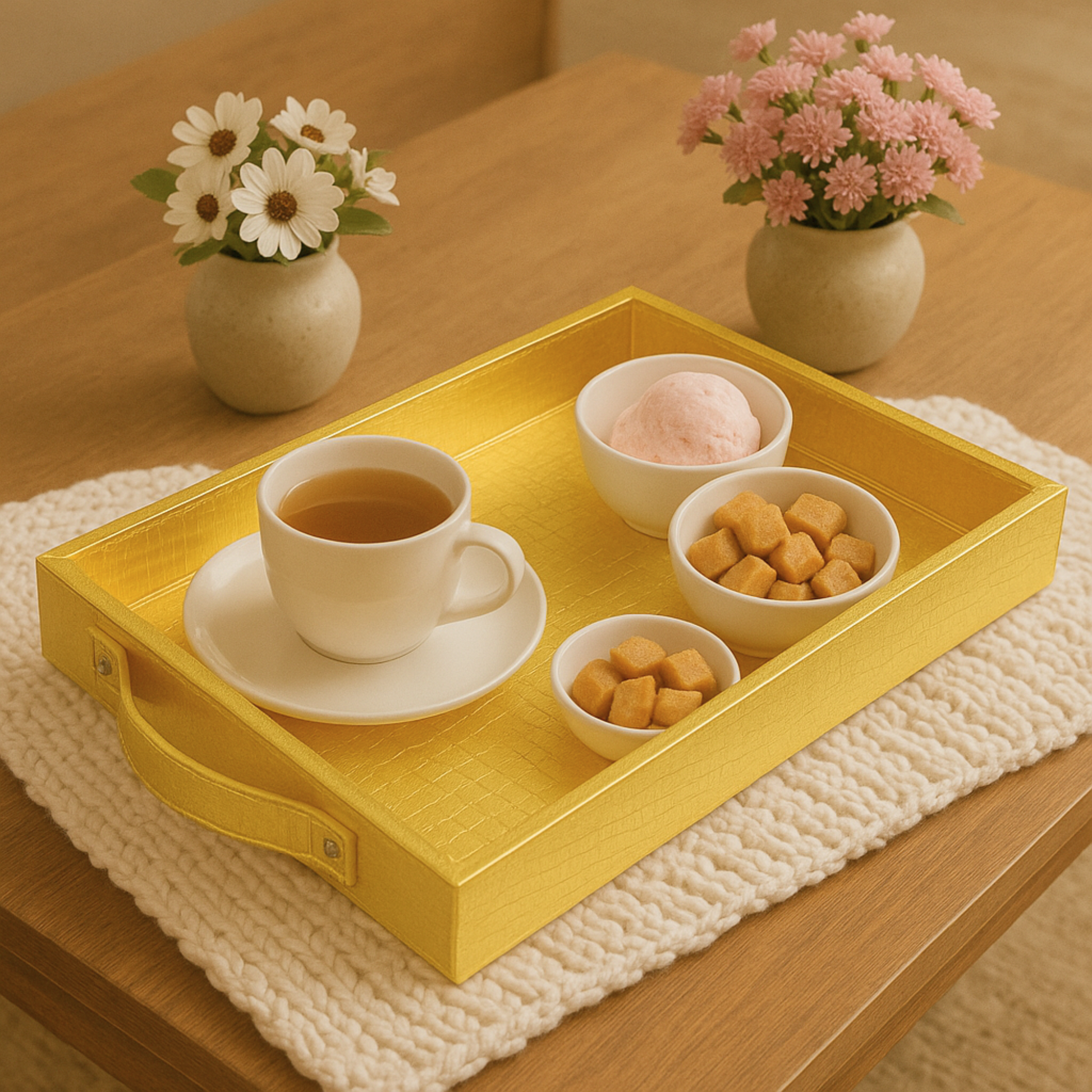Vegan Leather Rectangular Serving Tray with Handles-Gold