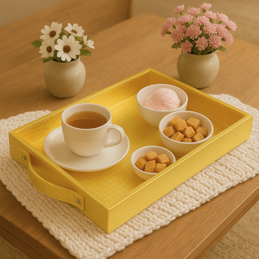 Vegan Leather Rectangular Serving Tray with Handles-Gold