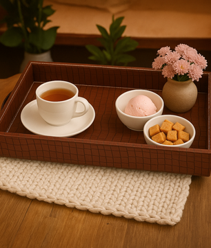 Vegan Leather Rectangular Serving Tray with Handles_Walnut Brown