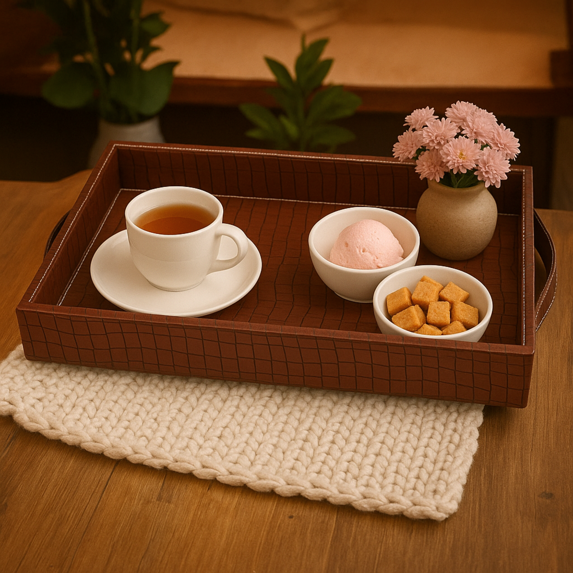 Vegan Leather Rectangular Serving Tray with Handles_Walnut Brown