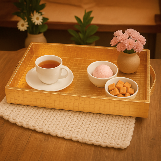 Vegan Leather Rectangular Serving Tray with Handles-Rose Gold