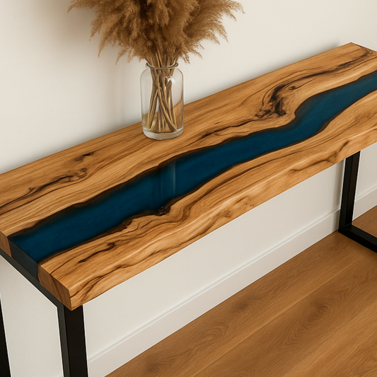 Epoxy Resin Console Table, Live Edge Wood Narrow Entryway Table
