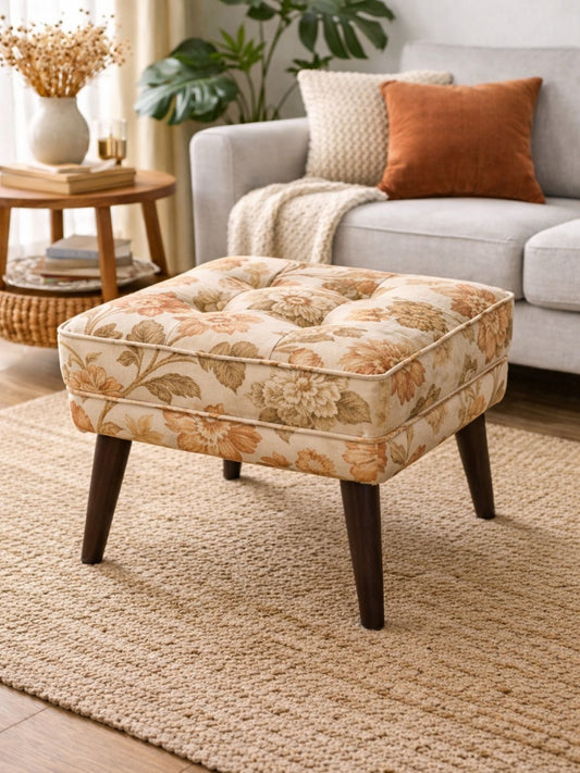 Floral Upholstered Ottoman Stool with Sagwan Wooden Legs