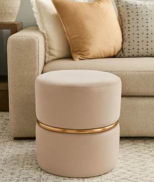 Elegant Velvet Pouf with Gold Accent