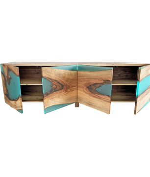 Modern Walnut Wood and Turquoise Epoxy Resin Cabinet
