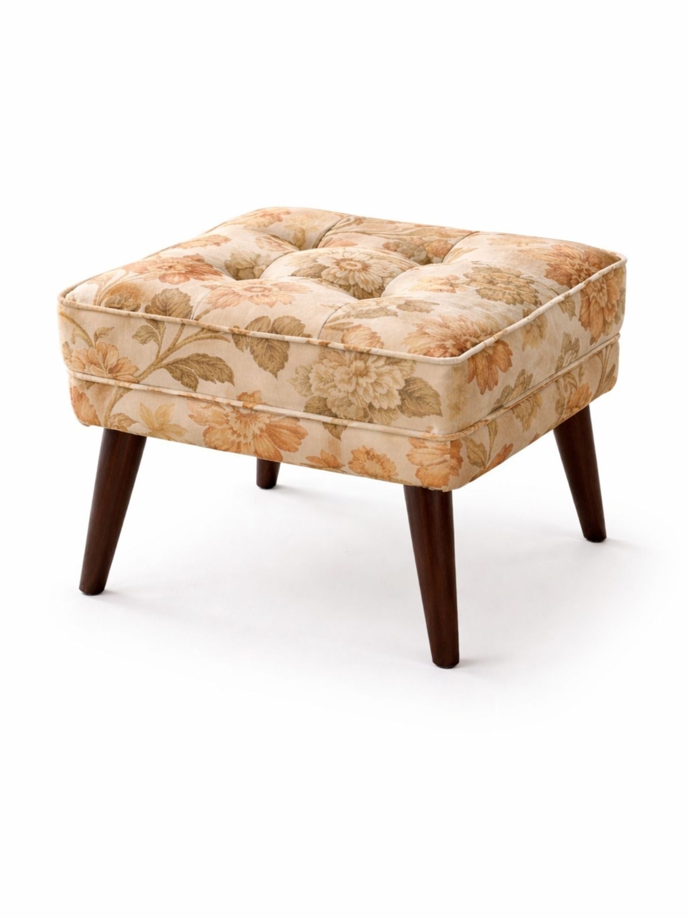 Floral Upholstered Ottoman Stool with Sagwan Wooden Legs