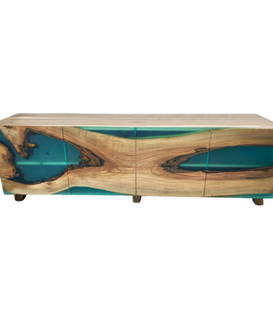 Modern Walnut Wood and Turquoise Epoxy Resin Cabinet