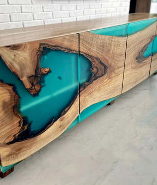 Modern Walnut Wood and Turquoise Epoxy Resin Cabinet