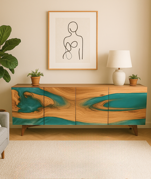 Modern Walnut Wood and Turquoise Epoxy Resin Cabinet