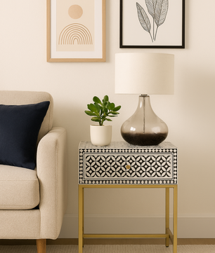 Inlay Bedside Table with Gold Legs - Geometric Floral