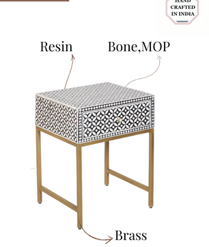Inlay Bedside Table with Gold Legs - Geometric Floral