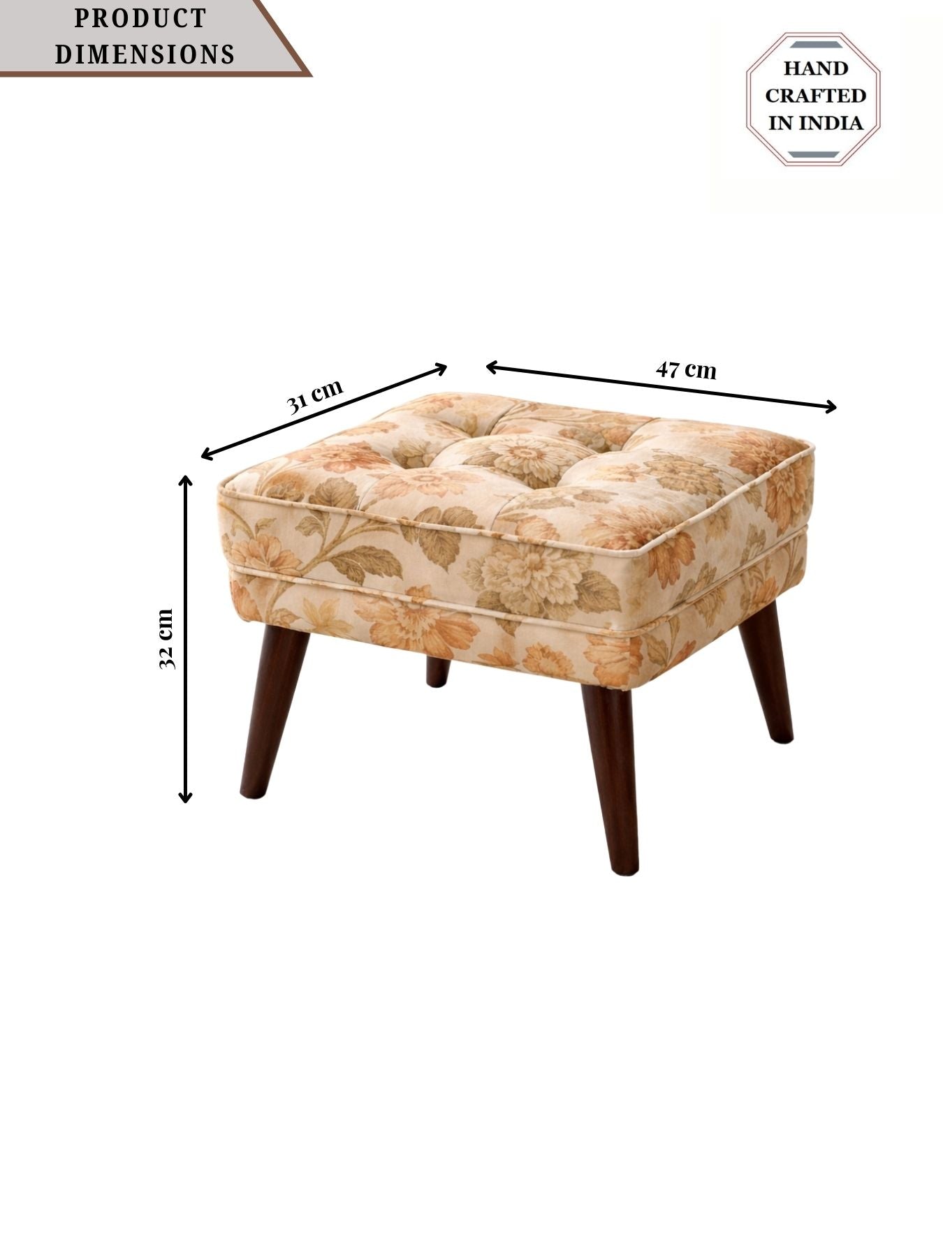 Floral Upholstered Ottoman Stool with Sagwan Wooden Legs