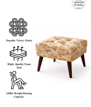 Floral Upholstered Ottoman Stool with Sagwan Wooden Legs