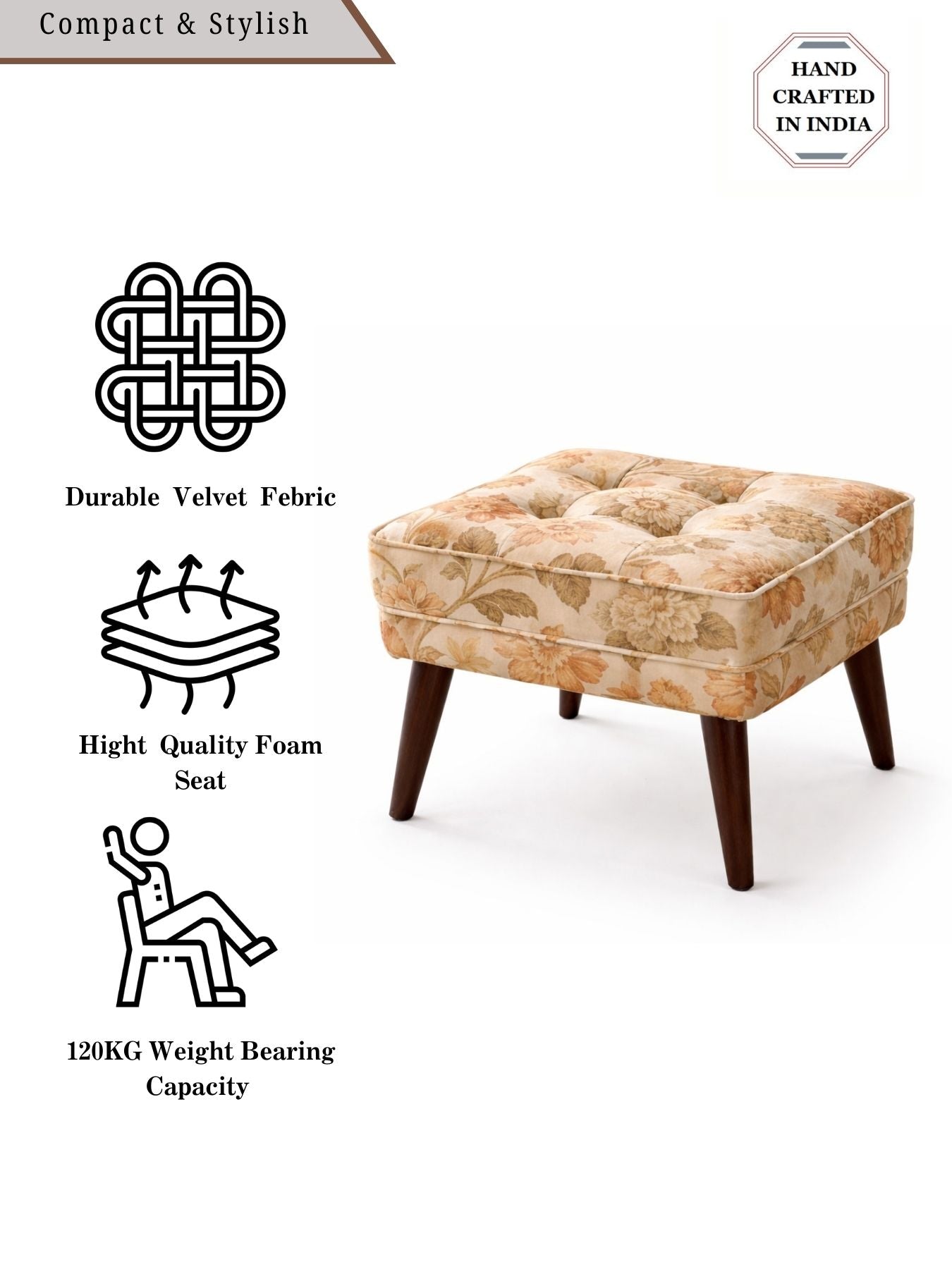 Floral Upholstered Ottoman Stool with Sagwan Wooden Legs