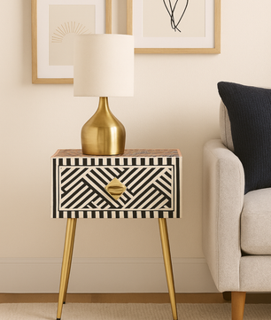 Inlay Bedside Table with Gold Legs - Chevron