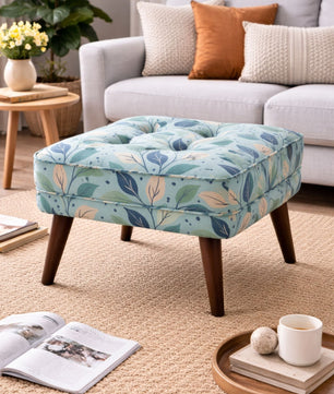 Floral Upholstered Ottoman Stool with Sagwan Wooden Legs