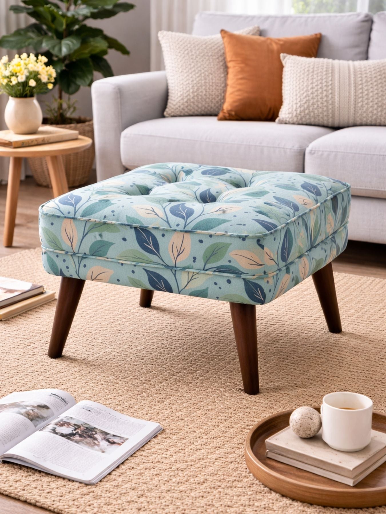 Floral Upholstered Ottoman Stool with Sagwan Wooden Legs