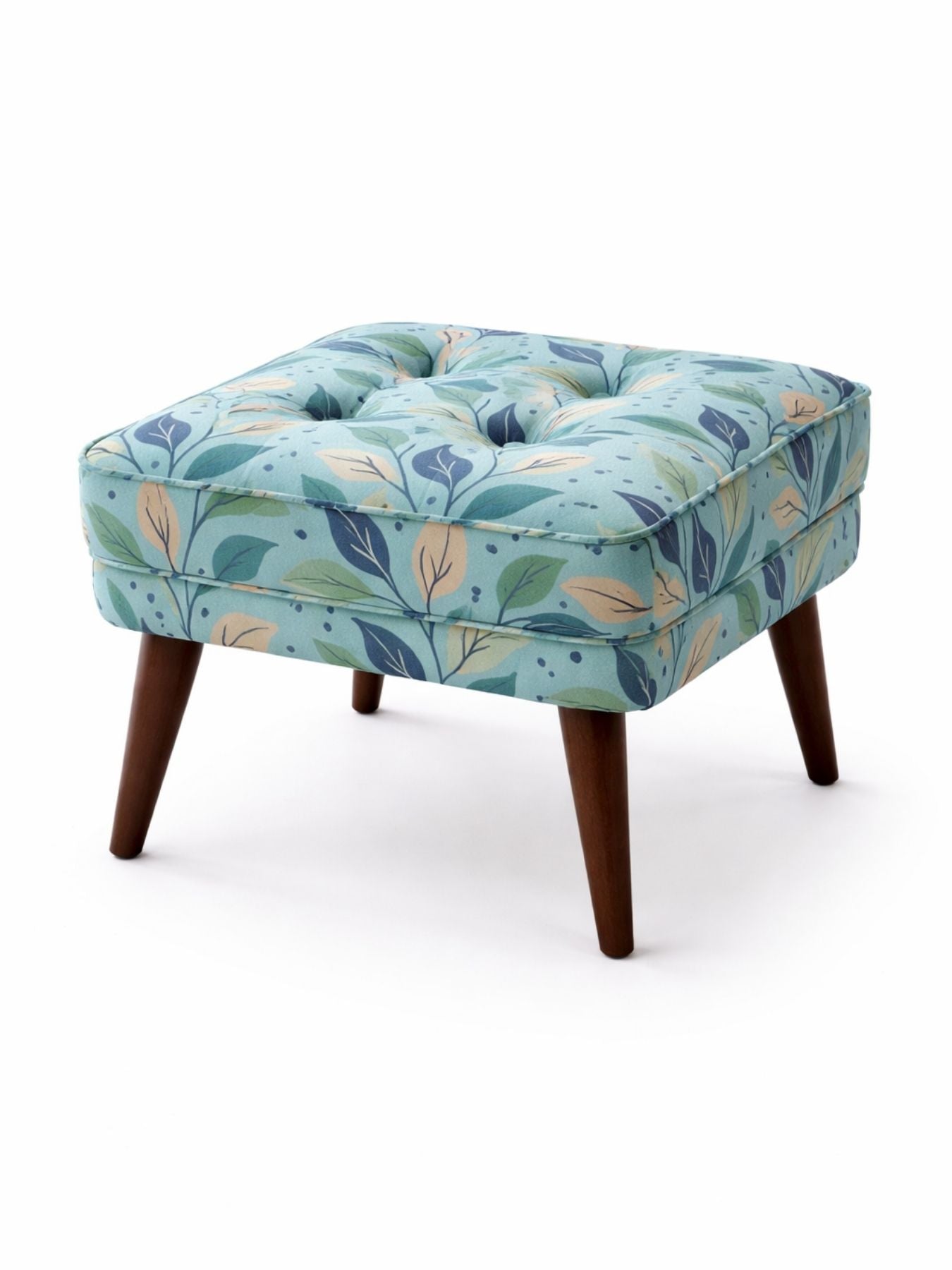 Floral Upholstered Ottoman Stool with Sagwan Wooden Legs