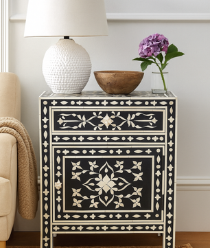 Floral Bone Inlay Bedside Table – Black Elegance