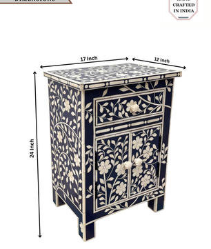 Floral Bone Inlay Bedside Table – Black Elegance