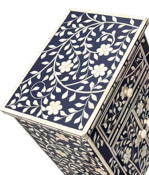 Floral Bone Inlay Bedside Table – Black Elegance
