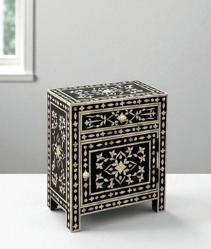 Floral Bone Inlay Bedside Table – Black Elegance