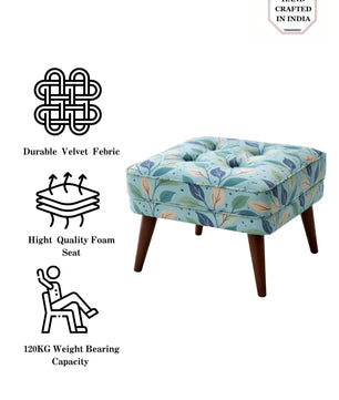 Floral Upholstered Ottoman Stool with Sagwan Wooden Legs