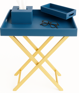 Pu Leather Foldable Tray with Metal Stand - Ink Blue