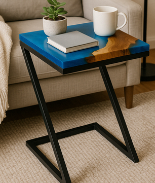 Teak Wood Epoxy End Table – Aqua Blue Resin Finish