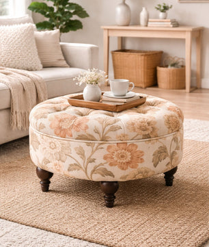 Floral Velvet Round Ottoman Stool with Sagwan Wood Legs