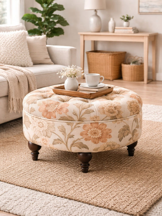Floral Velvet Round Ottoman Stool with Sagwan Wood Legs