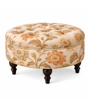 Floral Velvet Round Ottoman Stool with Sagwan Wood Legs