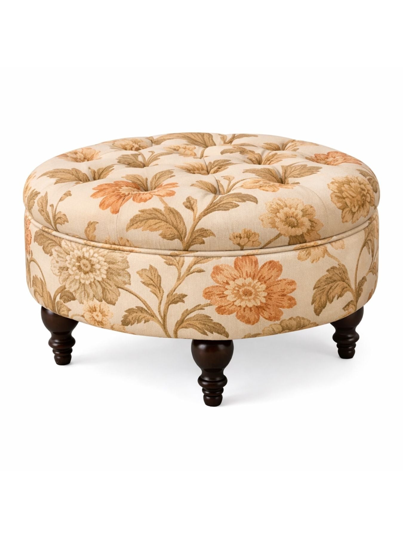 Floral Velvet Round Ottoman Stool with Sagwan Wood Legs