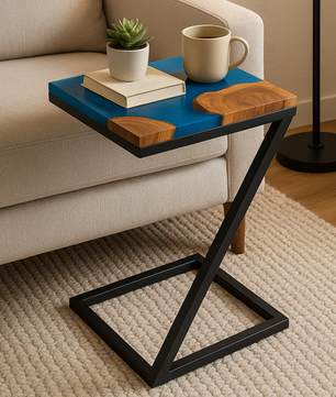 Teak Wood Epoxy End Table – Aqua Blue Resin Finish