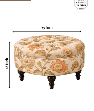 Floral Velvet Round Ottoman Stool with Sagwan Wood Legs