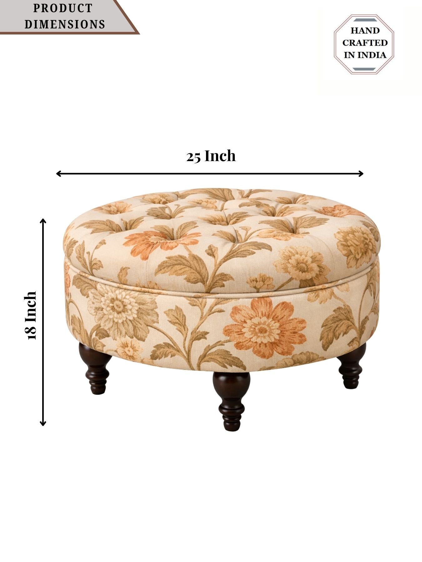 Floral Velvet Round Ottoman Stool with Sagwan Wood Legs