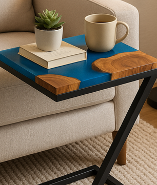 Teak Wood Epoxy End Table – Aqua Blue Resin Finish