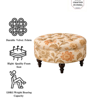 Floral Velvet Round Ottoman Stool with Sagwan Wood Legs