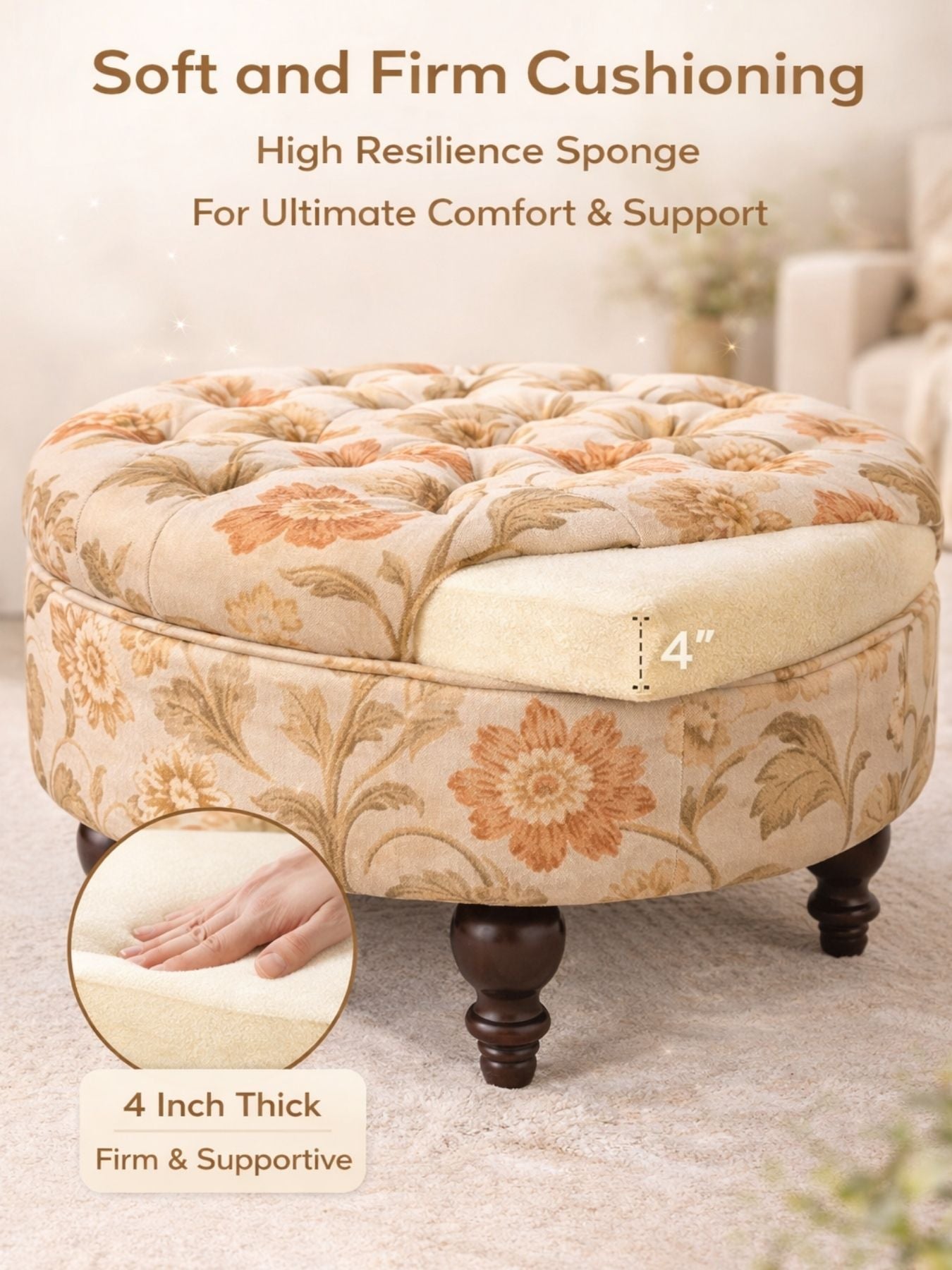 Floral Velvet Round Ottoman Stool with Sagwan Wood Legs