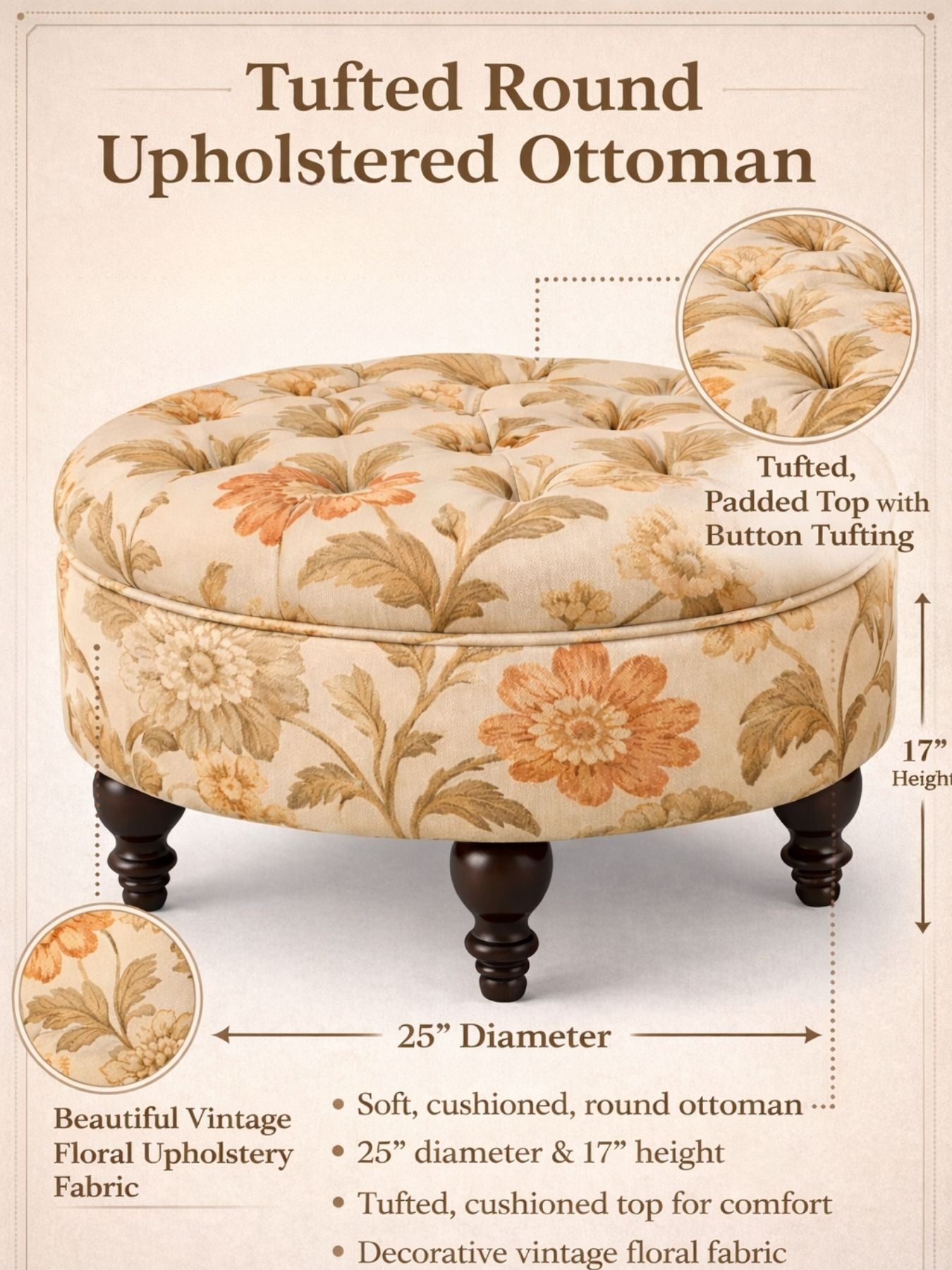 Floral Velvet Round Ottoman Stool with Sagwan Wood Legs