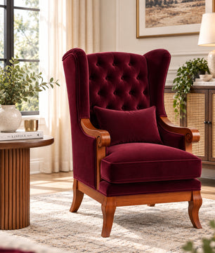 Teak Wood Wing Chair In Maroon Colour
