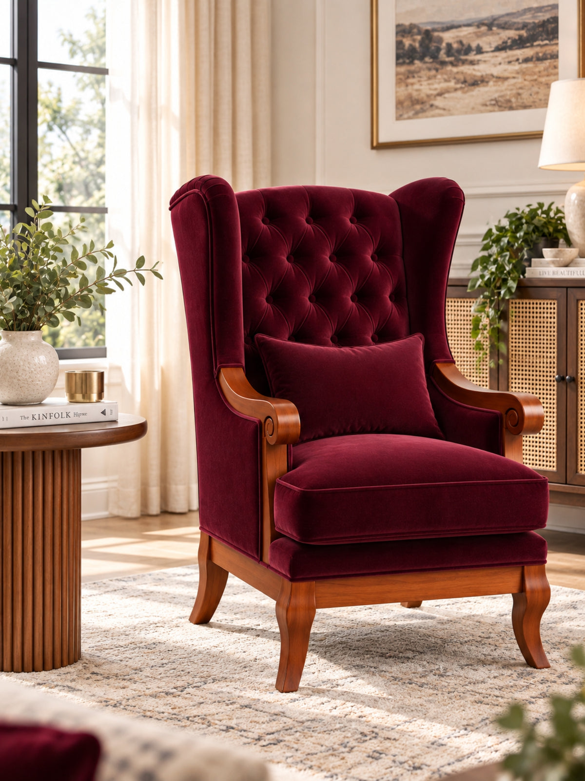 Teak Wood Wing Chair In Maroon Colour
