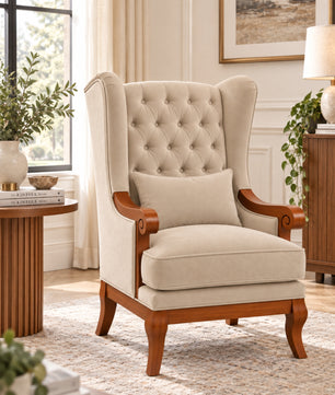 Orvella Teak Wood Wing Chair In Beige Colour