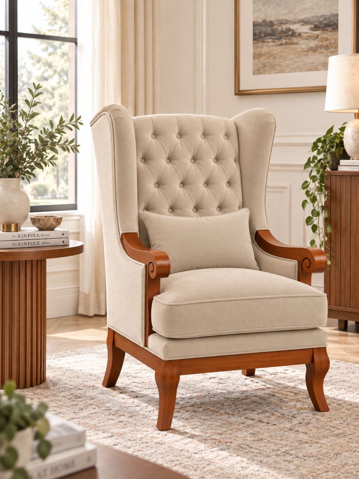 Orvella Teak Wood Wing Chair In Beige Colour